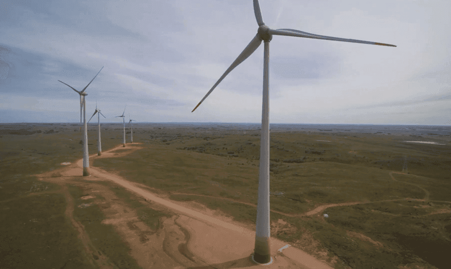 Aerial photo of the Peralta I & II wind farm in the department of Tacuarembó, Uruguay.